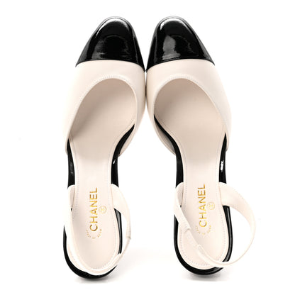 Chanel Lambskin Patent Cap Toe CC Apple Slingback Pumps 37 White Black 2 of 9