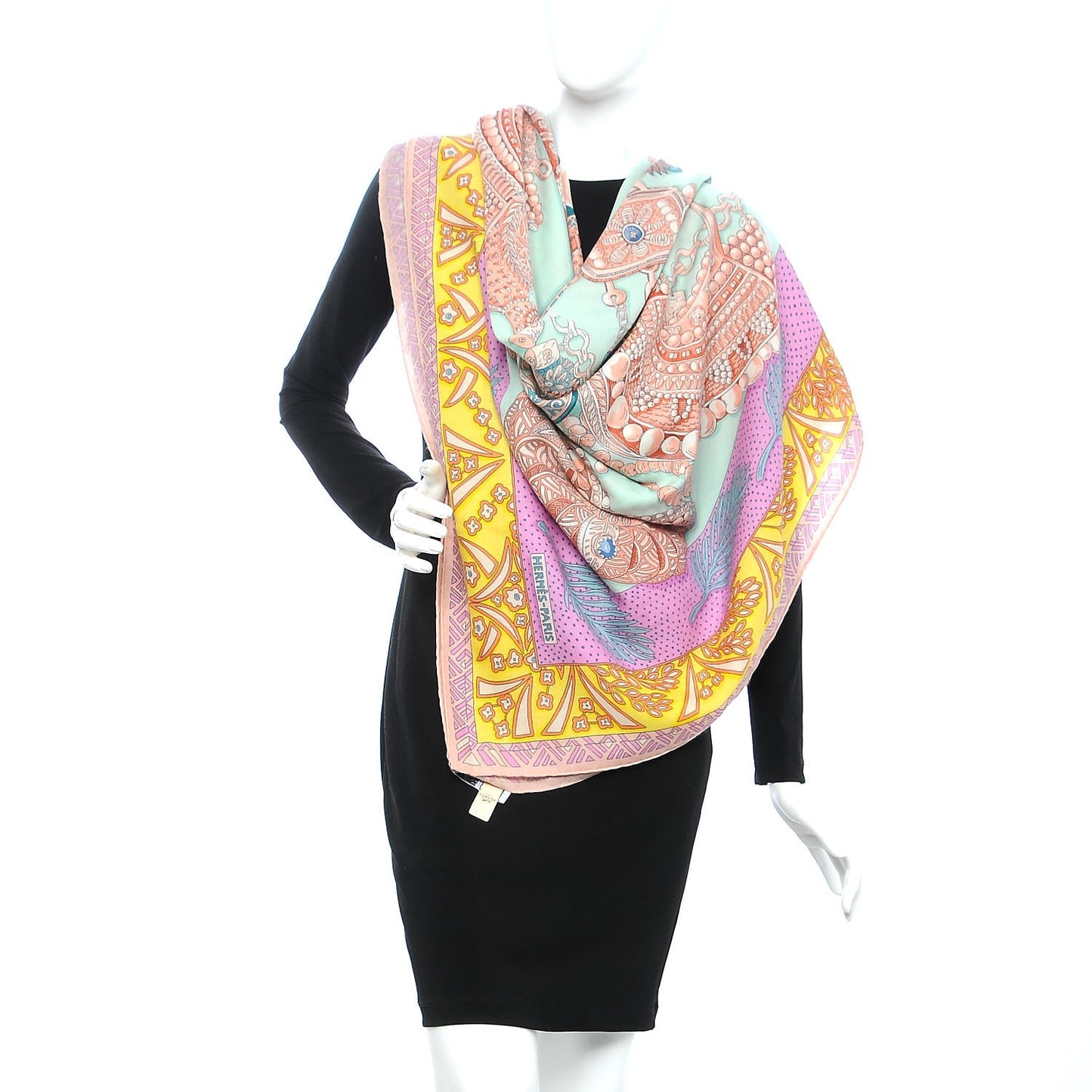 Cashmere Silk Zenobie Reine de Palmyre Shawl 140 Vert D Eau Rose Jaune Vif