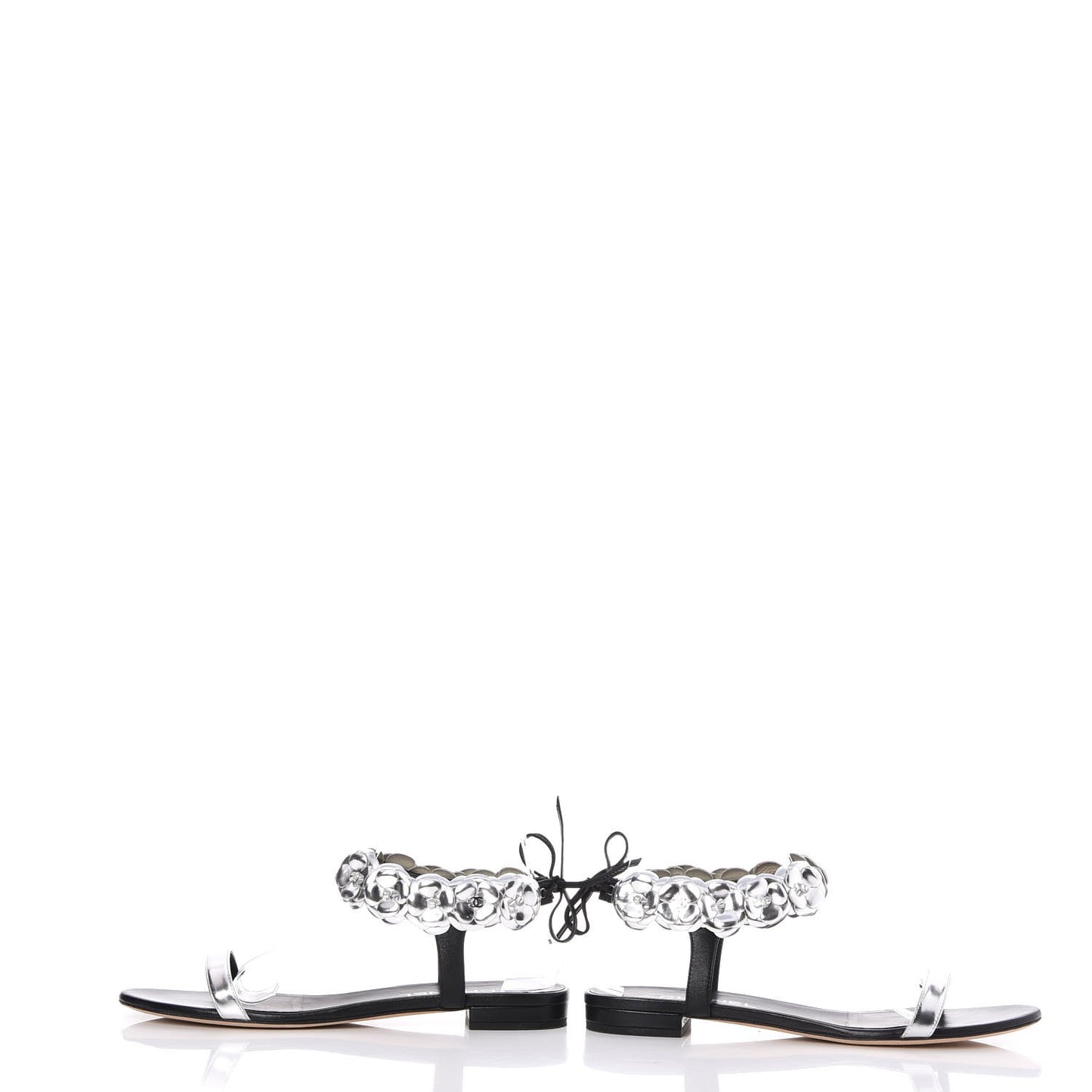Metallic Lambskin Camellia Ankle Strap Sandals F40 Black Silver