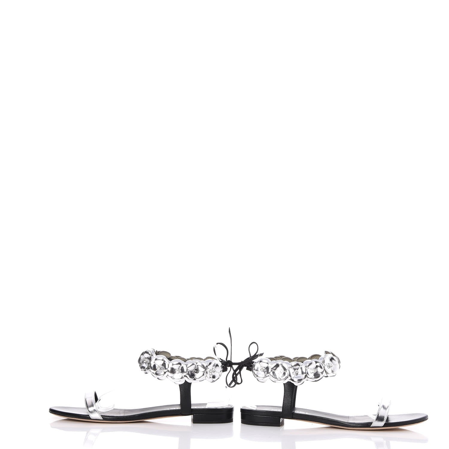 Chanel Metallic Lambskin Camellia Ankle Strap Sandals F40 Black Silver 5 of 10