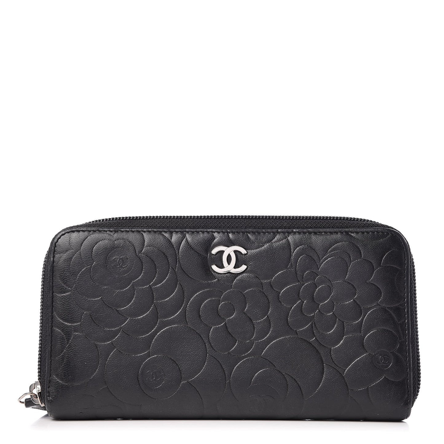 Lambskin Camellia Embossed Large Zip Around Gusset Wallet Black