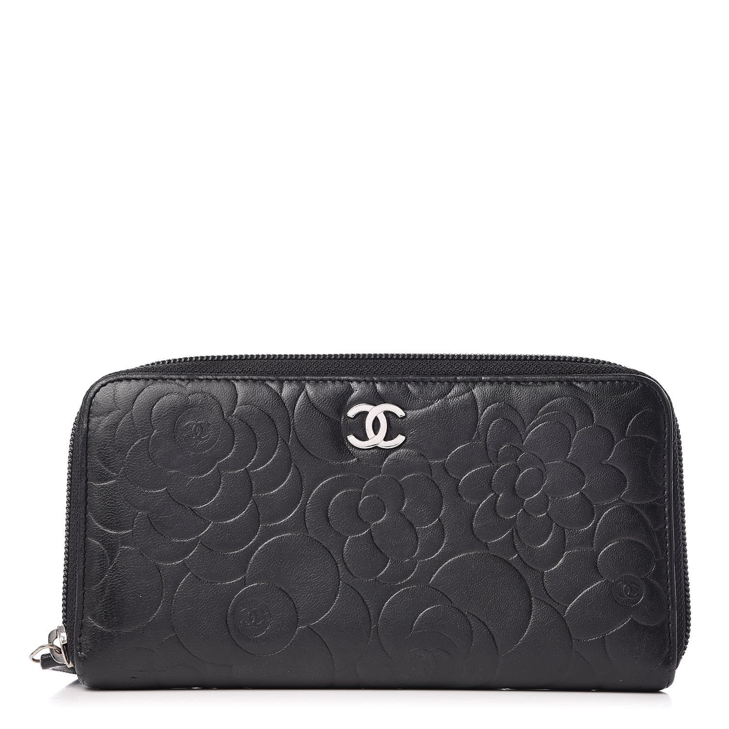Chanel Lambskin Camellia Embossed Large Zip Around Gusset Wallet Black 1 of 11