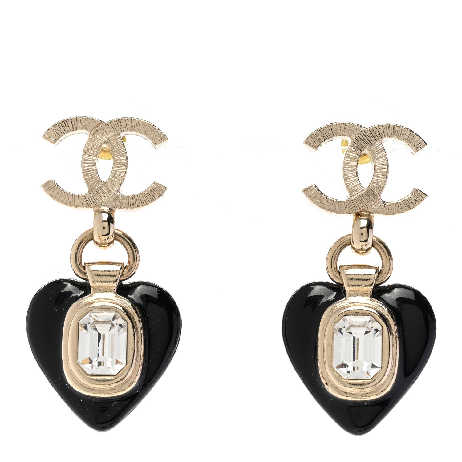 Chanel Resin Crystal CC Heart Drop Earrings Black Gold 1 of 5