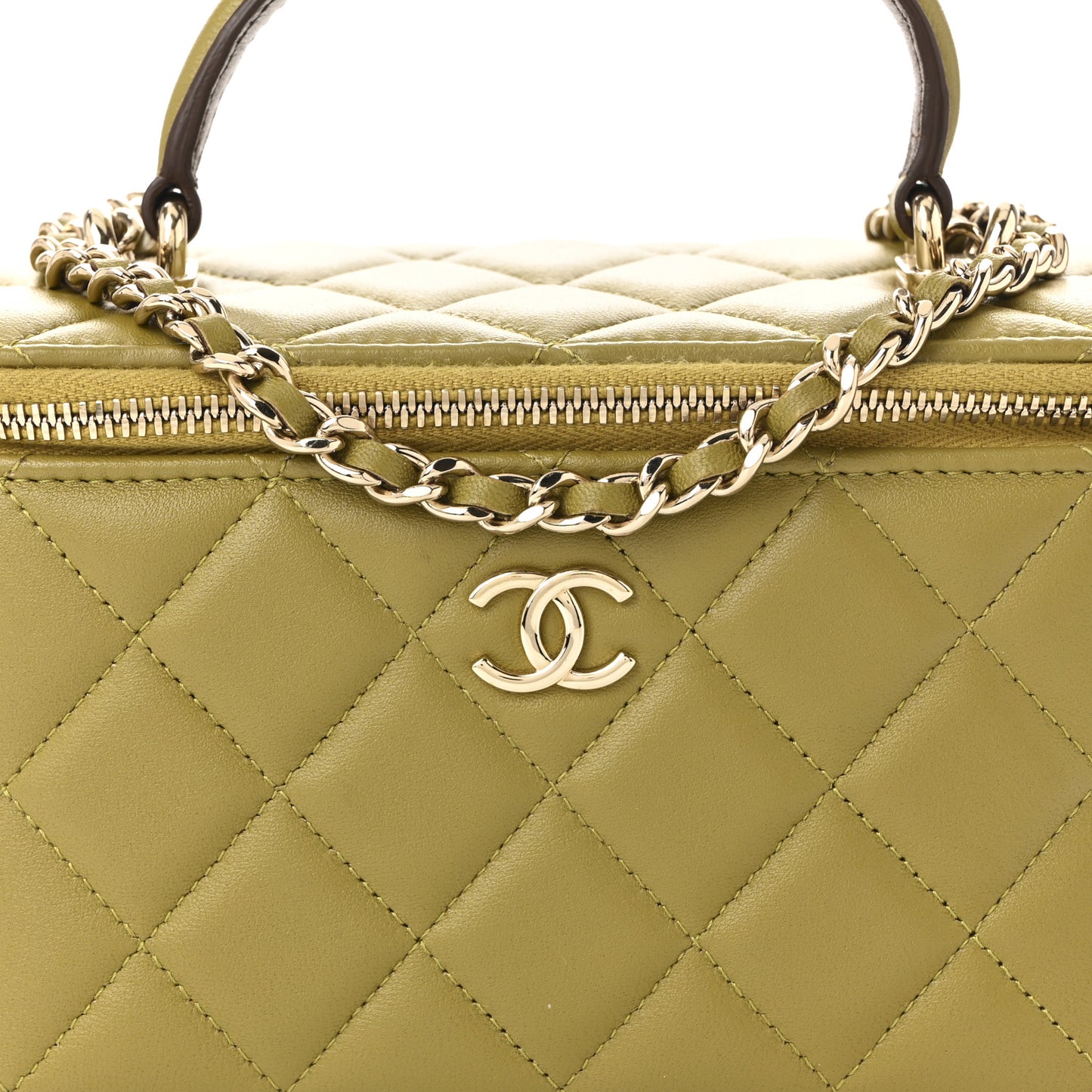 Lambskin Quilted Small Top Handle Vanity Case With Chain Green Brown