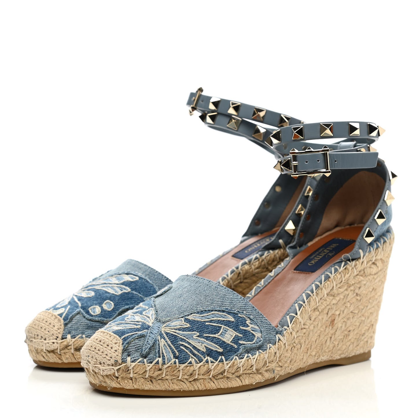 Denim Butterfly Embroidered Rockstud Ankle Wrap Espadrille 15/85mm Wedges 36 Light Denim