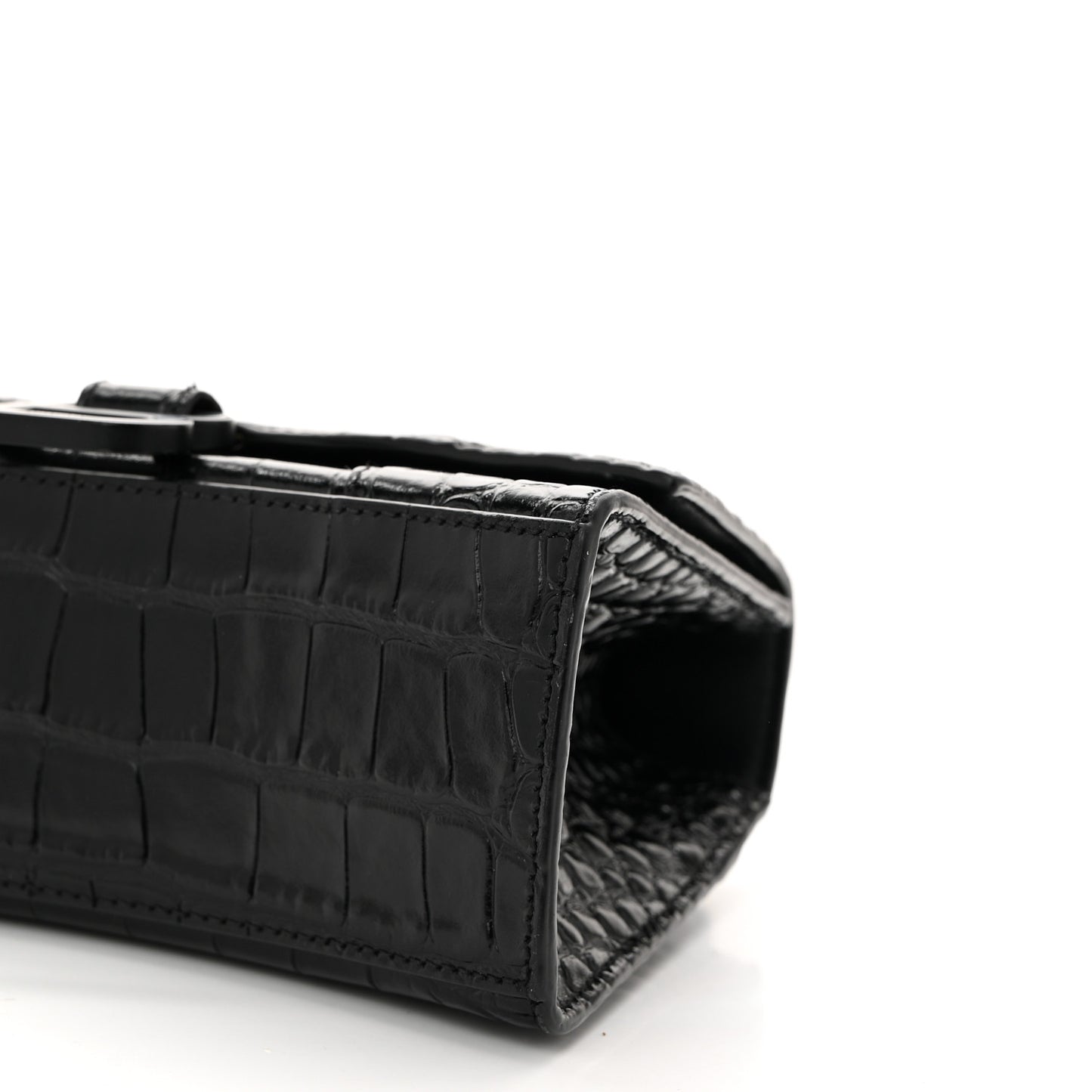 Shiny Calfskin Monochrome Crocodile Embossed Hourglass Top Handle Bag XS Black