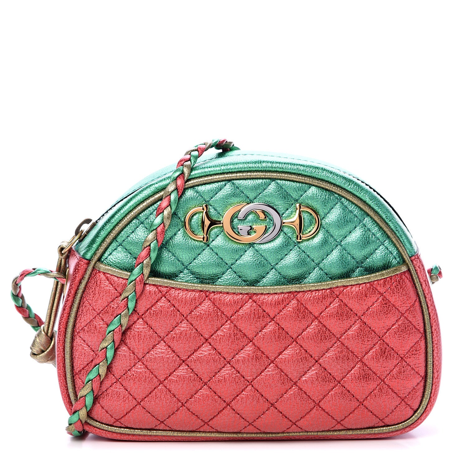 Gucci Laminated Nappa Trapuntata Mini Zumi Dome Shoulder Bag Rosso Jasmine Green Rame 1 of 9
