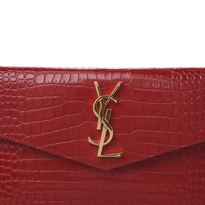 Saint Laurent Calfskin Crocodile Embossed Uptown Monogram Clutch Rouge Eros 9 of 10
