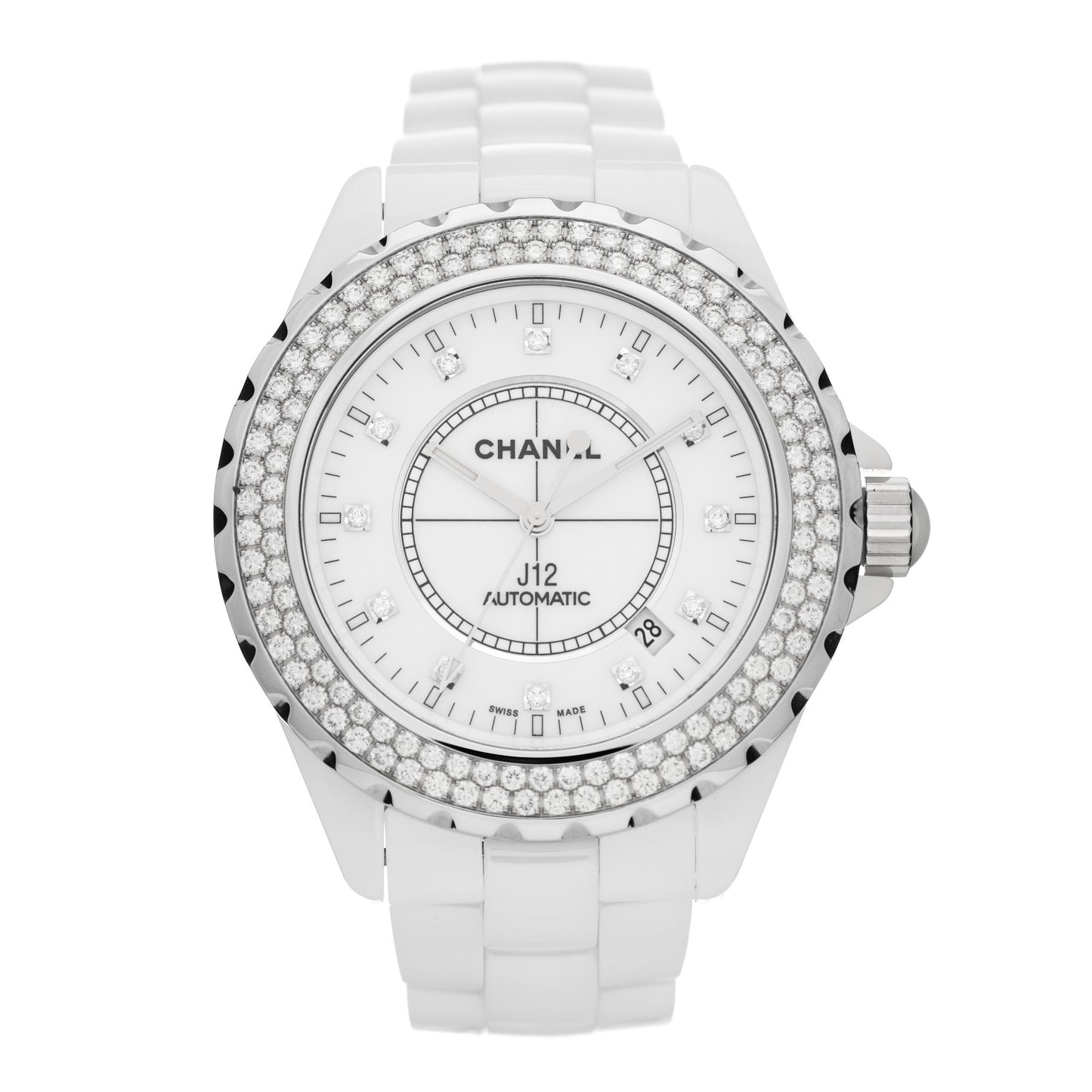 Stainless Steel Ceramic Diamond Pave Bezel 42mm J12 Automatic Watch White