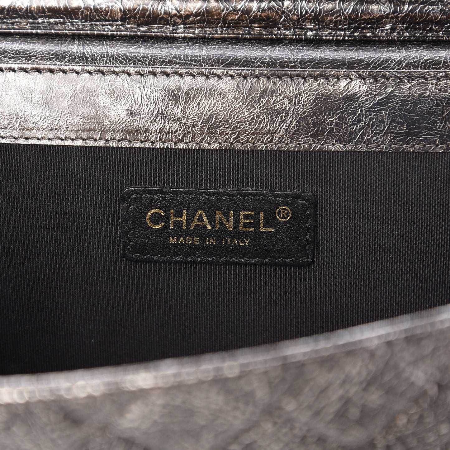 Cracked Metallic Calfskin Quilted Zip Away Chain Clutch Dark Silver