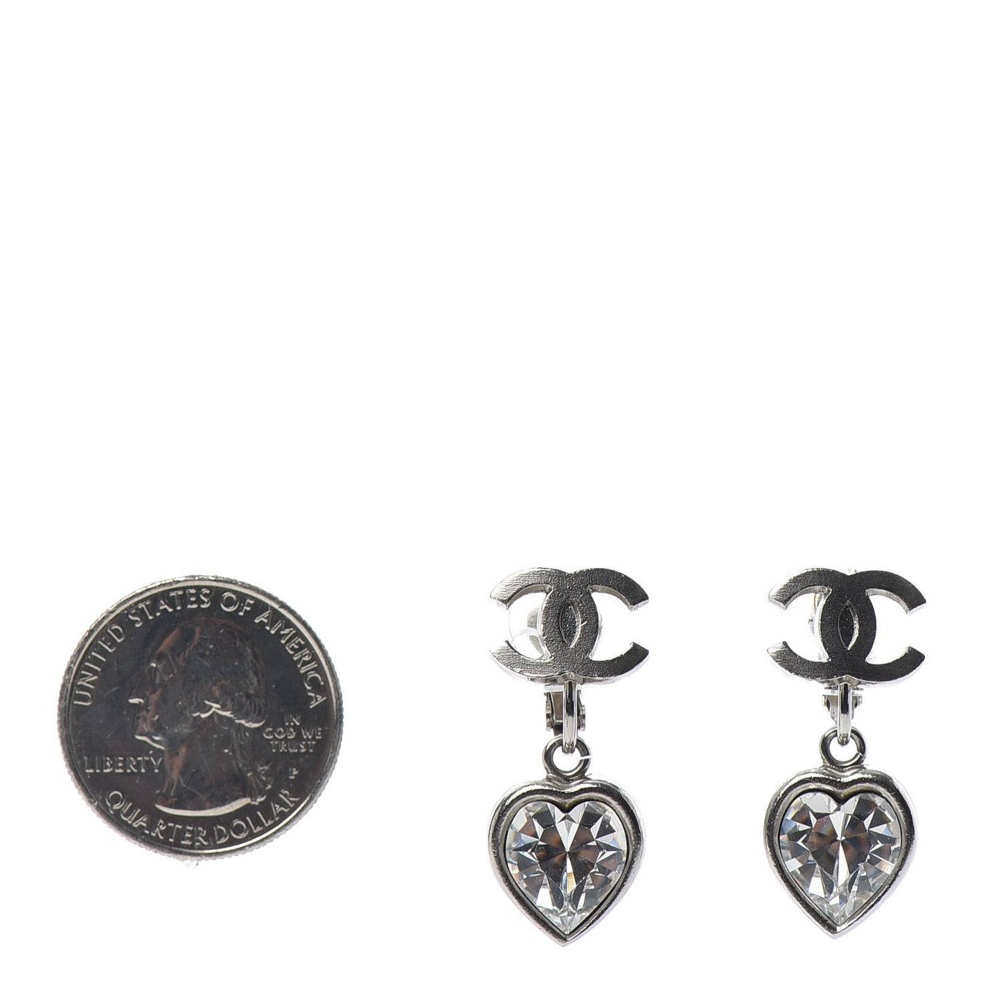 Crystal Heart CC Drop Clip On Earrings Silver