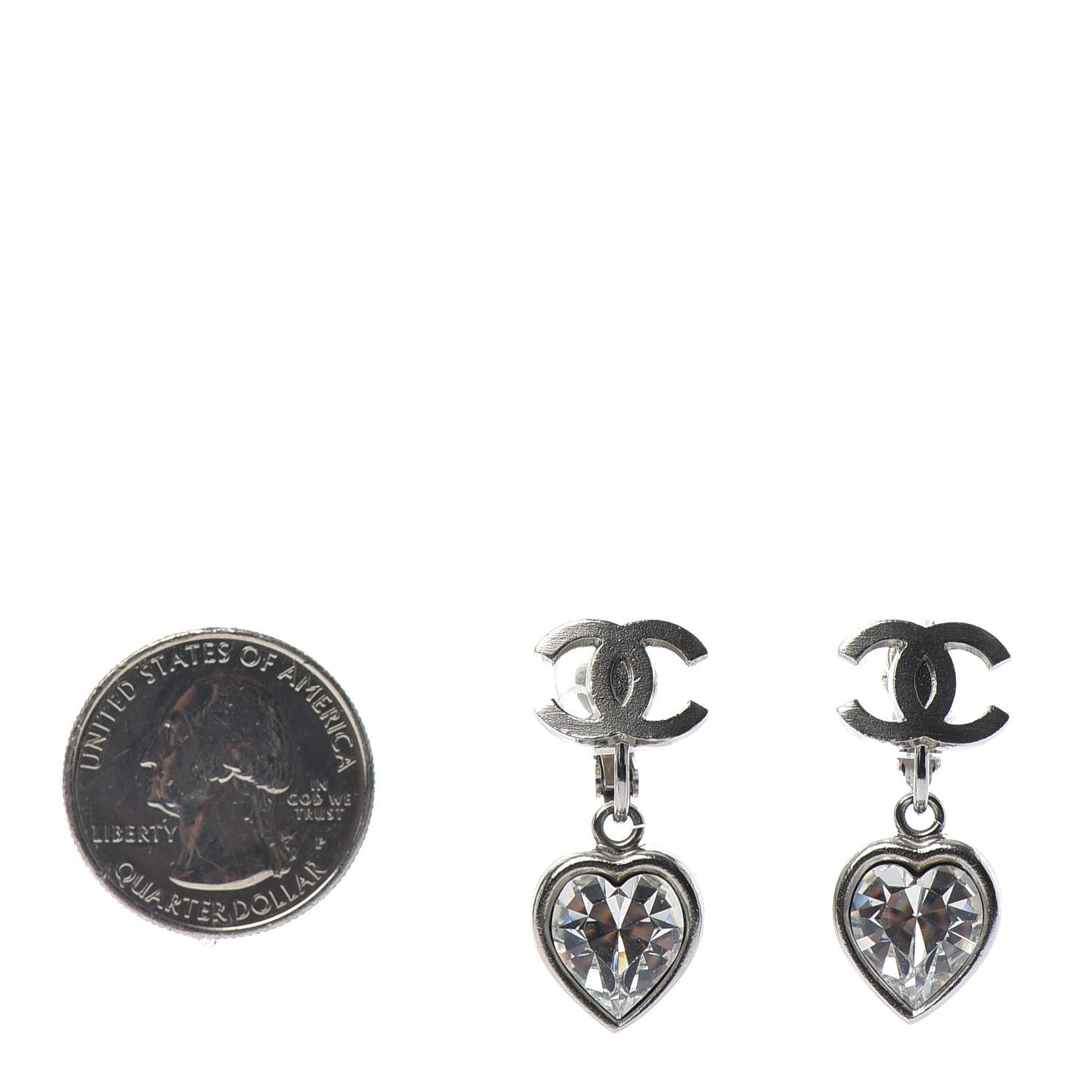 Chanel Crystal Heart CC Drop Clip On Earrings Silver 2 of 4