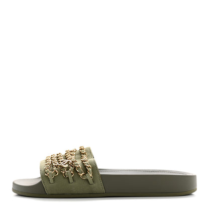 Chanel Satin Canvas Chain Slides Sandals Flats 38 Khaki 1 of 9