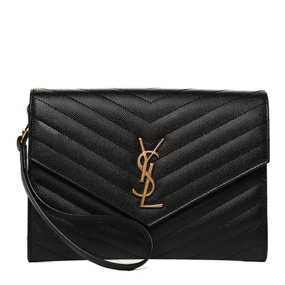 Saint Laurent Grain De Poudre Matelasse Chevron Monogram Envelope Clutch Black 1 of 10