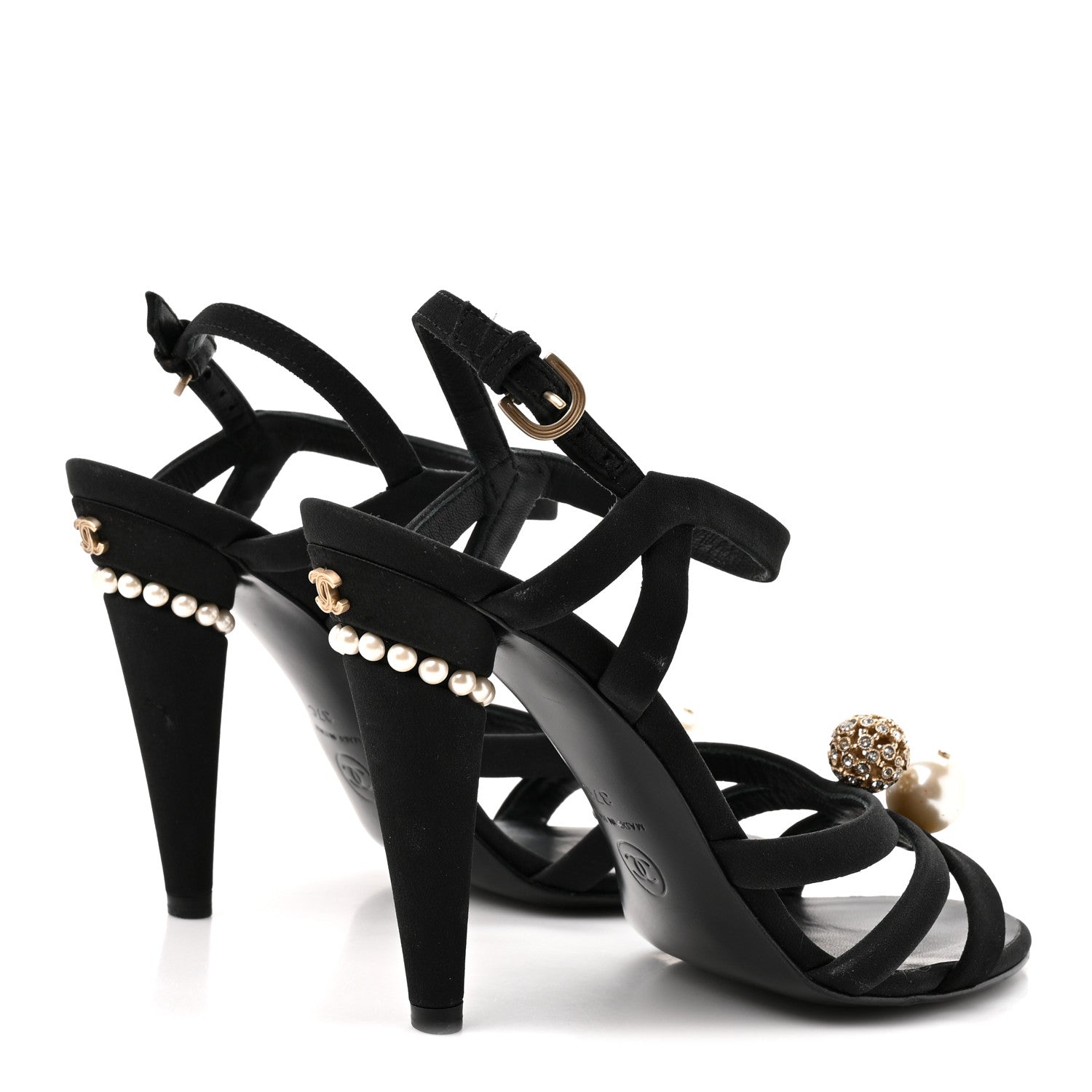 Chanel Satin Pearl Crystal Sandals 37 Black 5 of 8