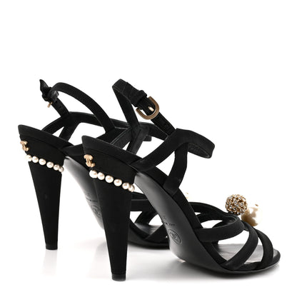 Chanel Satin Pearl Crystal Sandals 37 Black 5 of 8