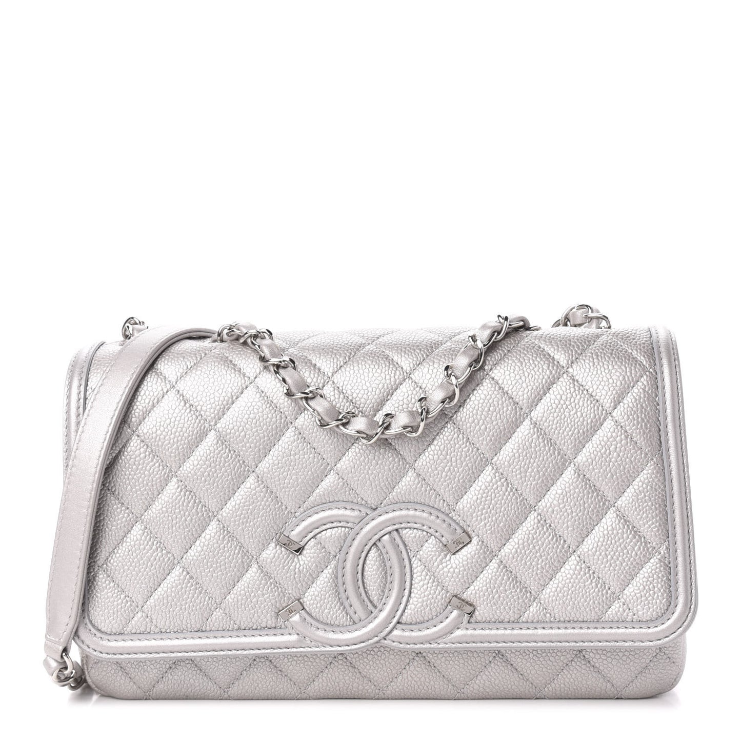 Metallic Caviar Quilted Medium CC Filigree Flap Silver