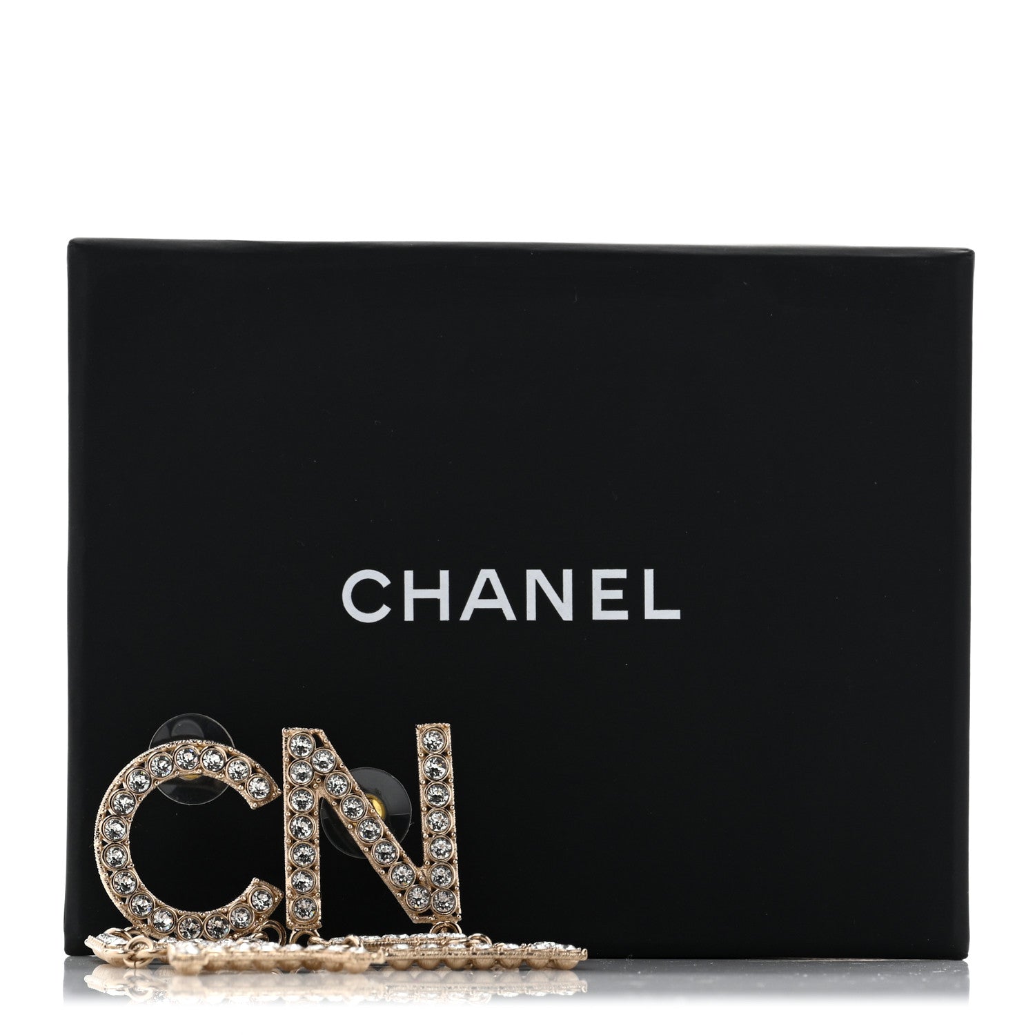 Chanel Crystal Cha-Nel Logo Drop Earrings Gold 5 of 5