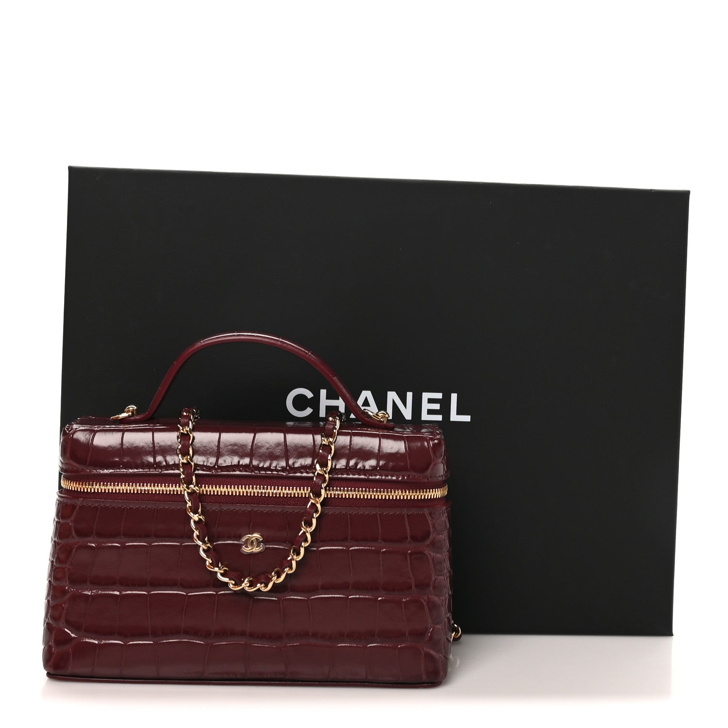 Chanel Calfskin Crocodile Embossed Crococo Top Handle Slim Vanity Case With Chain Dark Burgundy 11 of 11