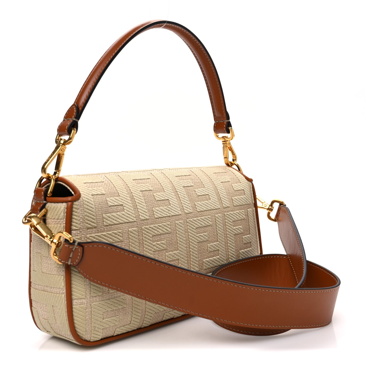Fendi Raffia Vitello King Lucido FF Embroidered Baguette Alchemy Brandy 3 of 10