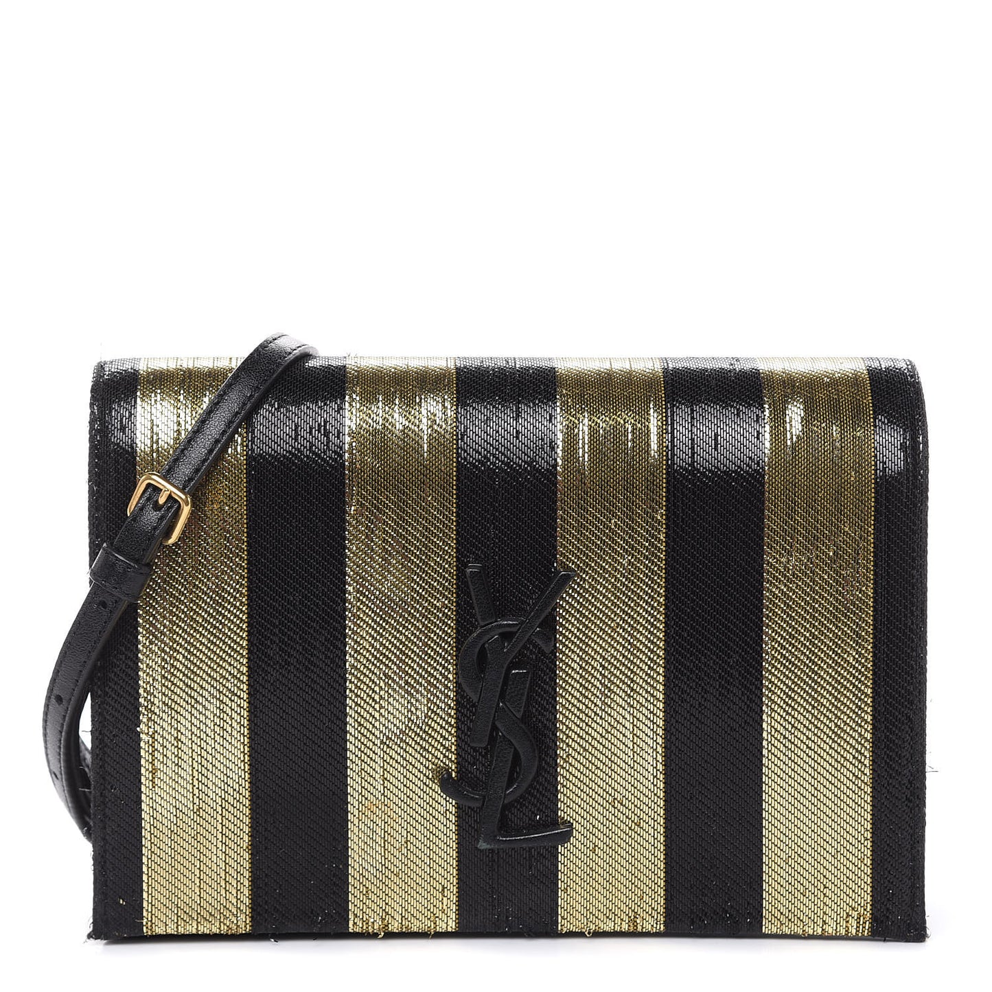 Metallic Calfskin Striped Small Monogram Kate Satchel Black Gold