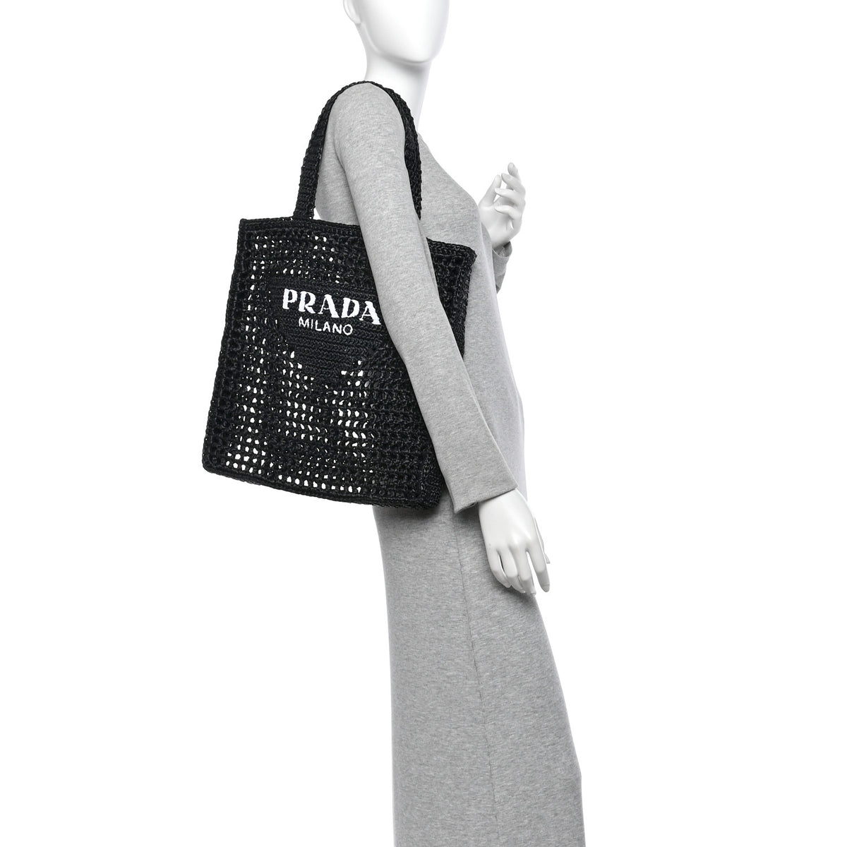 Prada Yarn Raffia Effect Crochet Logo Embroidered Tote Bag Black 2 of 9