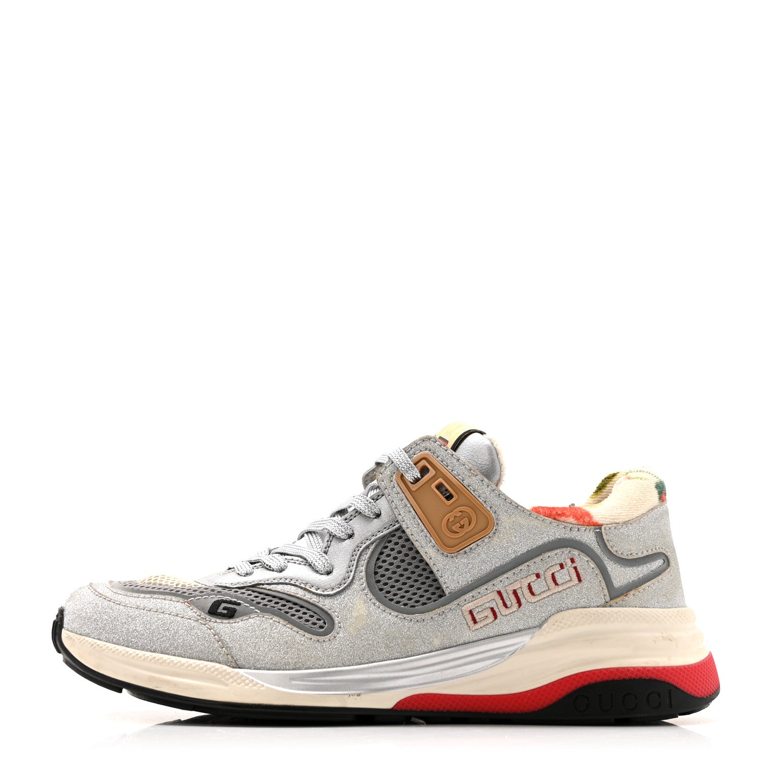Gucci Metallic Calfskin Glitter Mesh Womens Ultrapace Sneakers 37.5 Silver Light Grey Mystic White 1 of 13