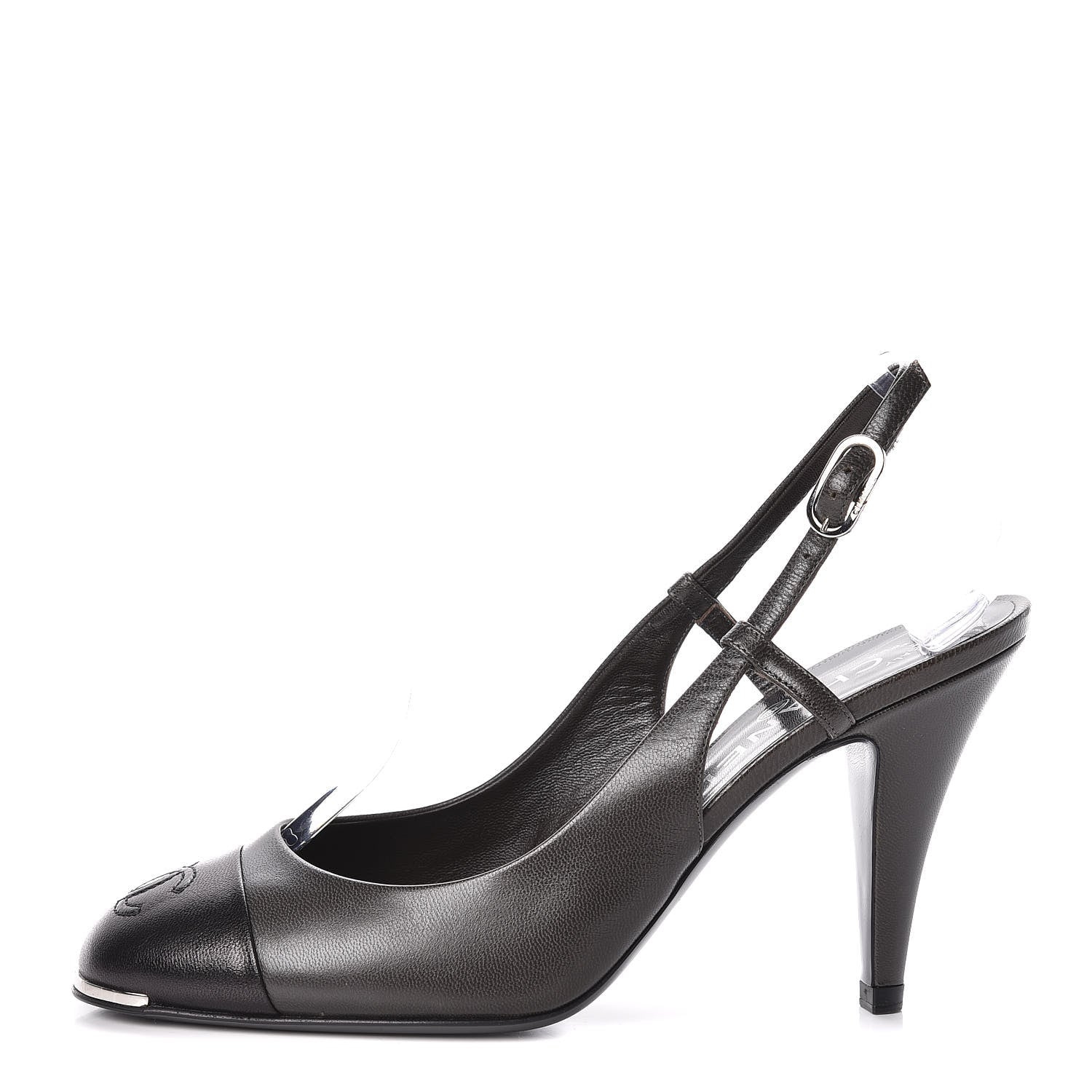 Chanel Lambskin Cap Toe CC Slingback Heels 38.5 Grey Black 1 of 13