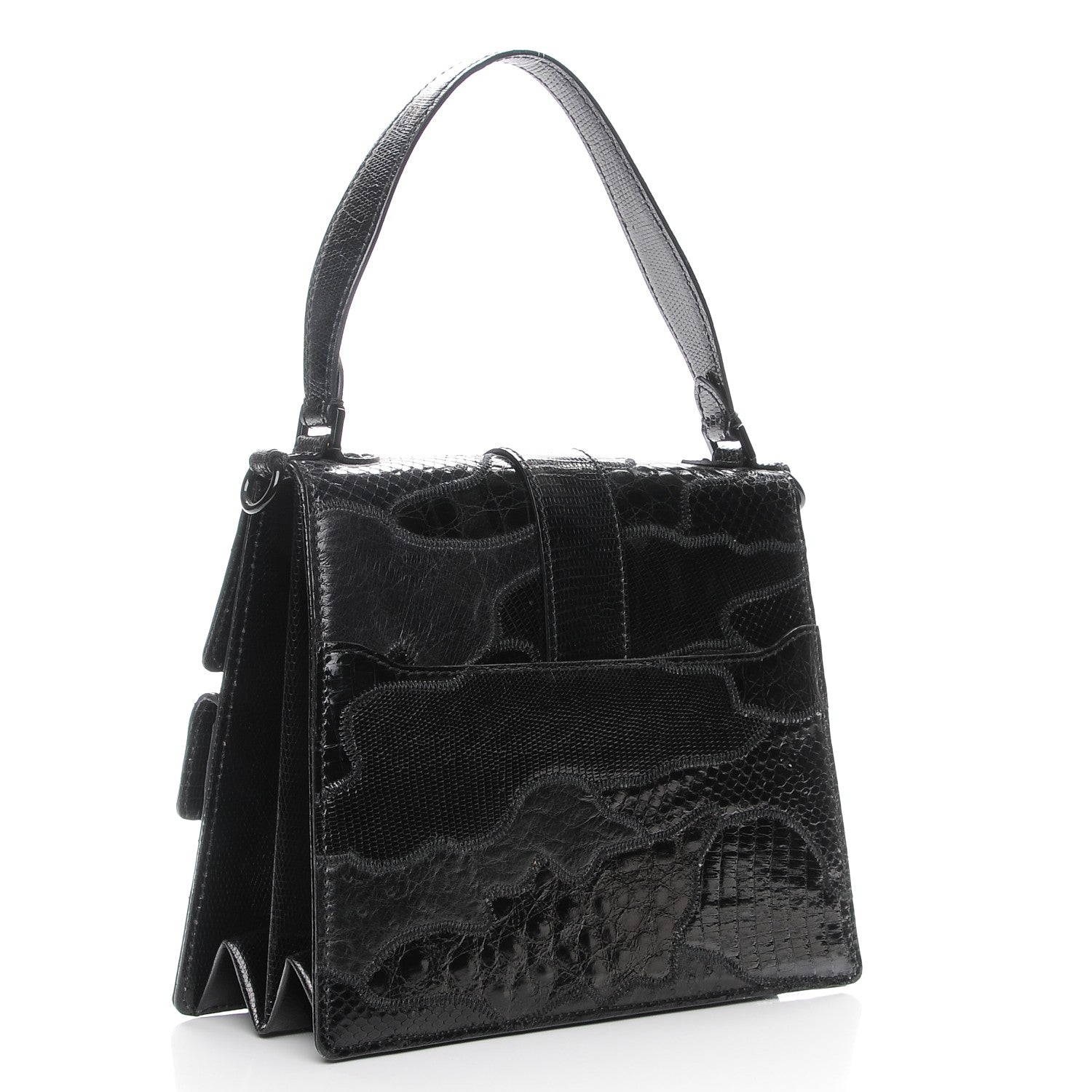 Valentino Garavani Lizard Ostrich Snakeskin Alligator Satchel Black 3 of 6