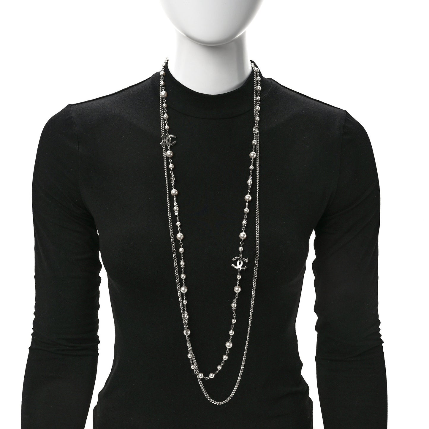 Pearl Crystal Strand CC Long Necklace Silver