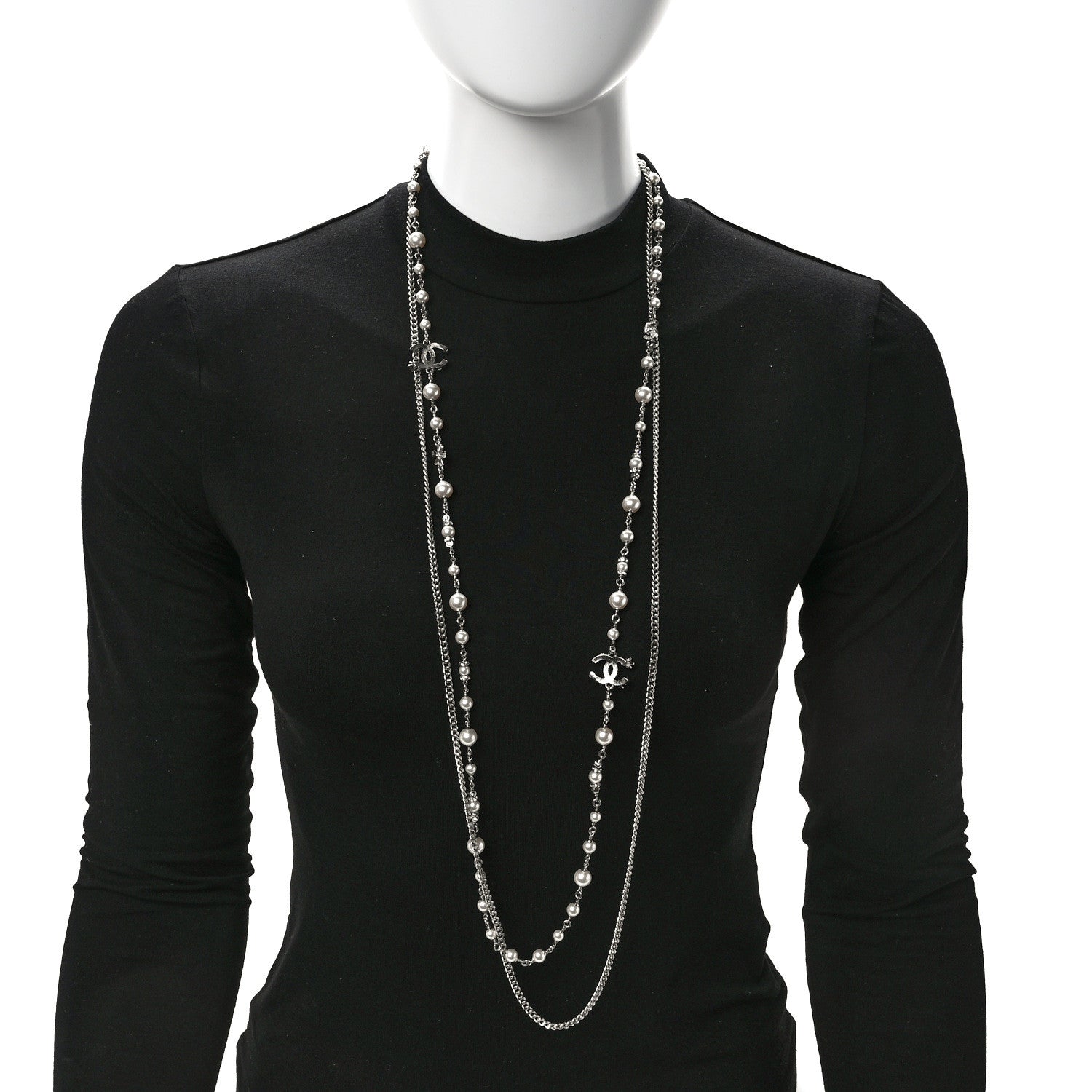 Chanel Pearl Crystal Strand CC Long Necklace Silver 2 of 6