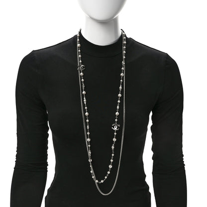 Chanel Pearl Crystal Strand CC Long Necklace Silver 2 of 6