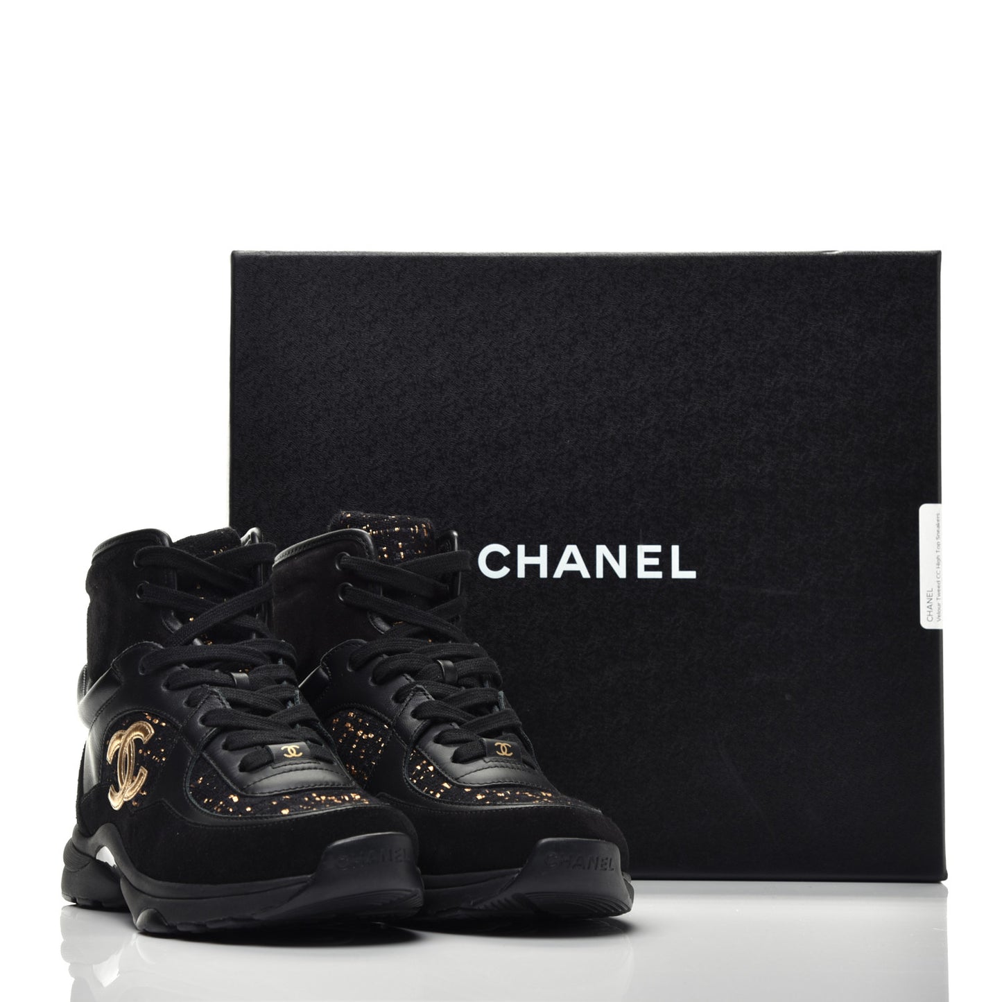 Velour Tweed CC High Top Sneakers 36 Black Gold