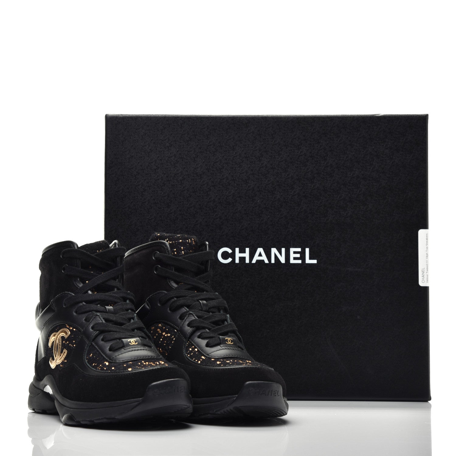 Chanel Velour Tweed CC High Top Sneakers 36 Black Gold 9 of 9