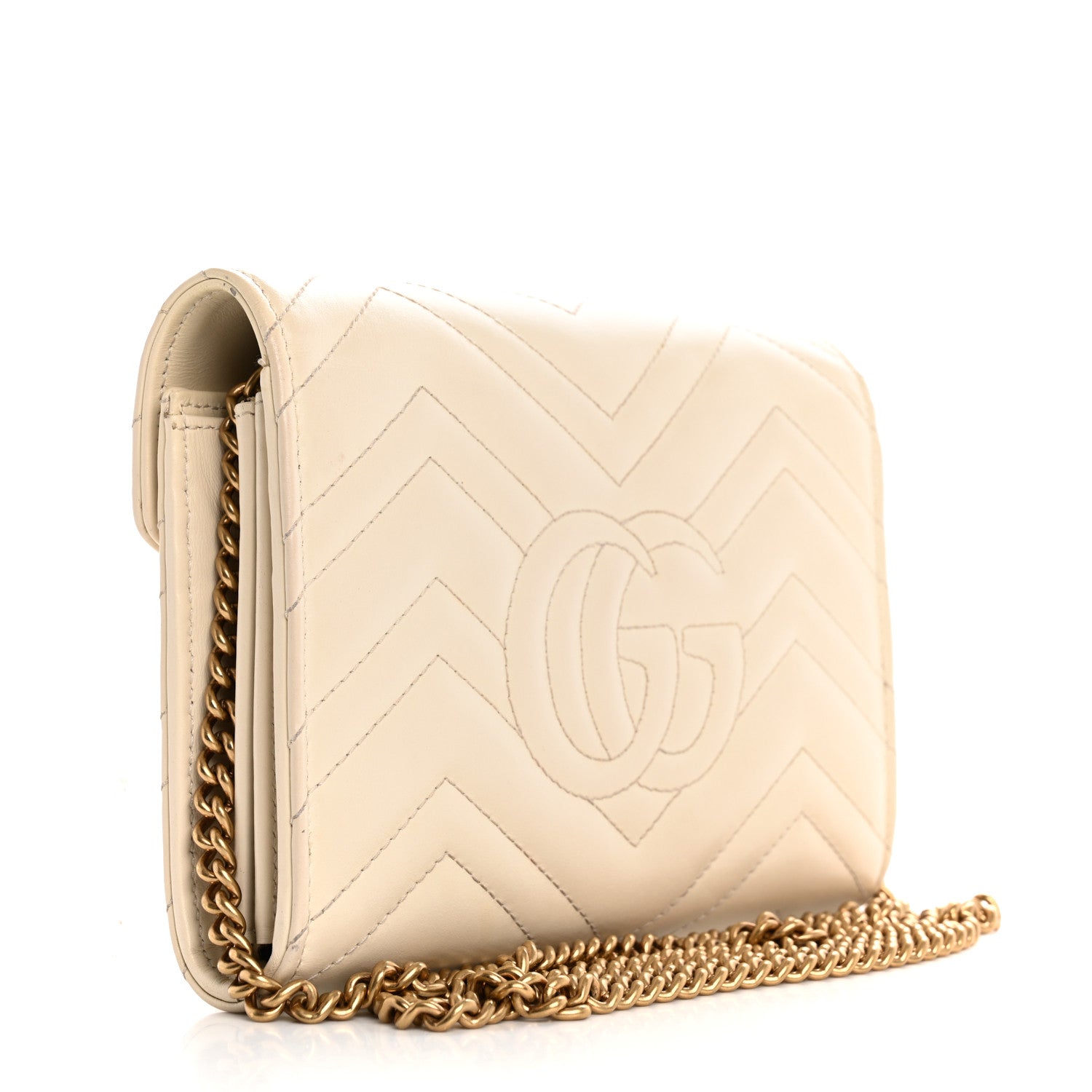 Gucci Calfskin Matelasse Mini GG Marmont Chain Wallet Mystic White 3 of 12