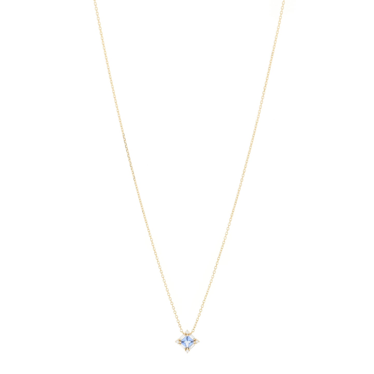 18K Yellow Gold Diamond Blue Sapphire Princess Midi Pendant Necklace