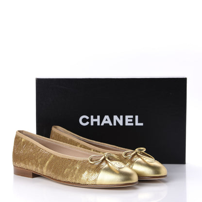 Chanel Lambskin Sequin Cap Toe Ballerina Flats 38.5 Gold 10 of 10