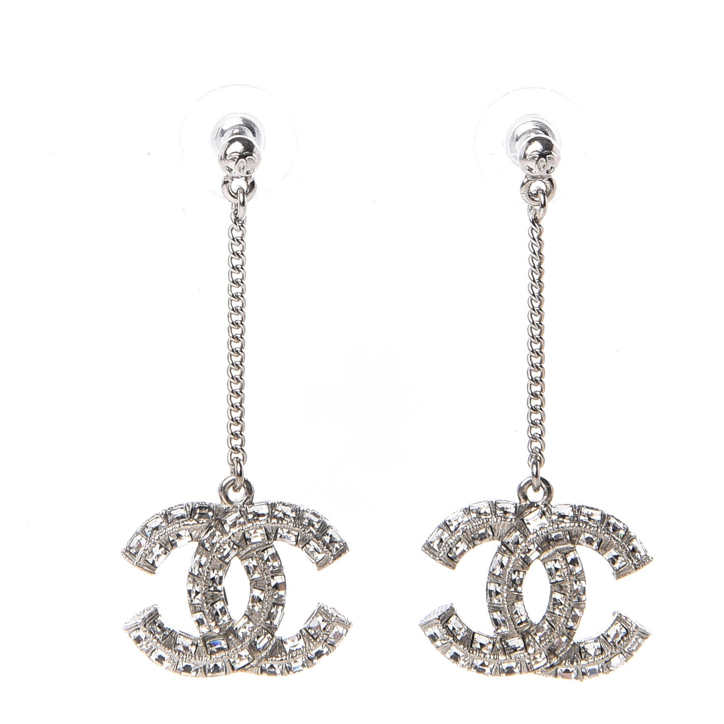 Baguette Crystal CC Drop Earrings Silver
