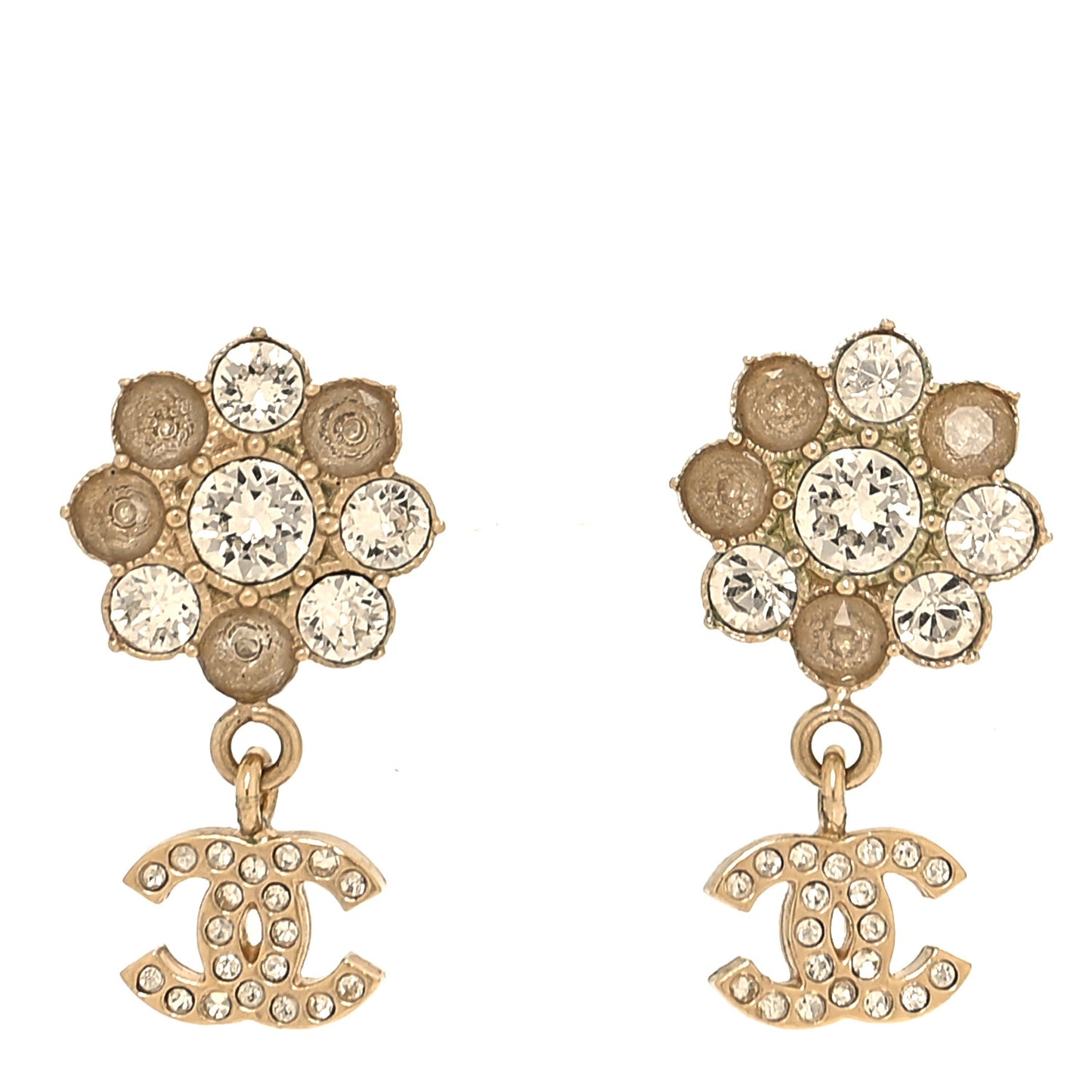 Crystal CC Flower Dangle Earrings Gold Beige