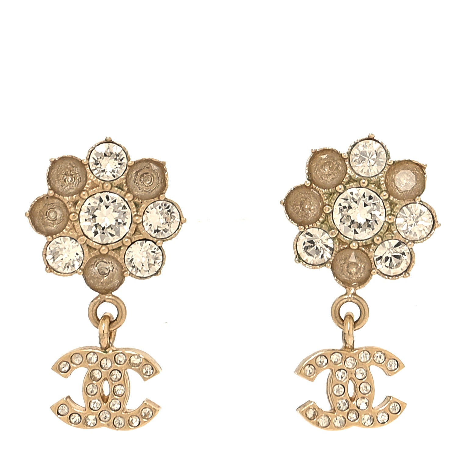 Chanel Crystal CC Flower Dangle Earrings Gold Beige 1 of 5