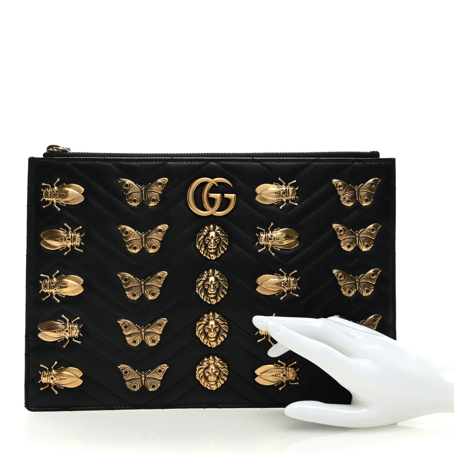 Calfskin Matelasse Animal Studs GG Marmont Pouch Bag Black