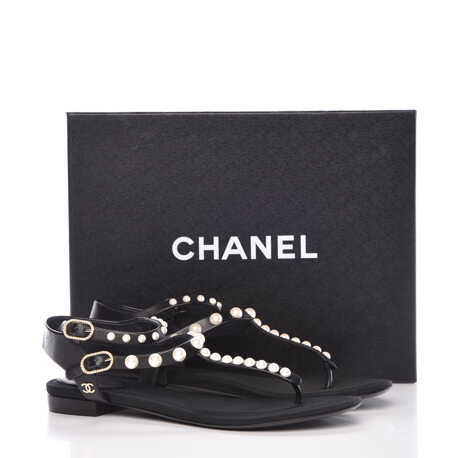 Chanel Lambskin Pearl Thong Sandals 38 Black 12 of 24
