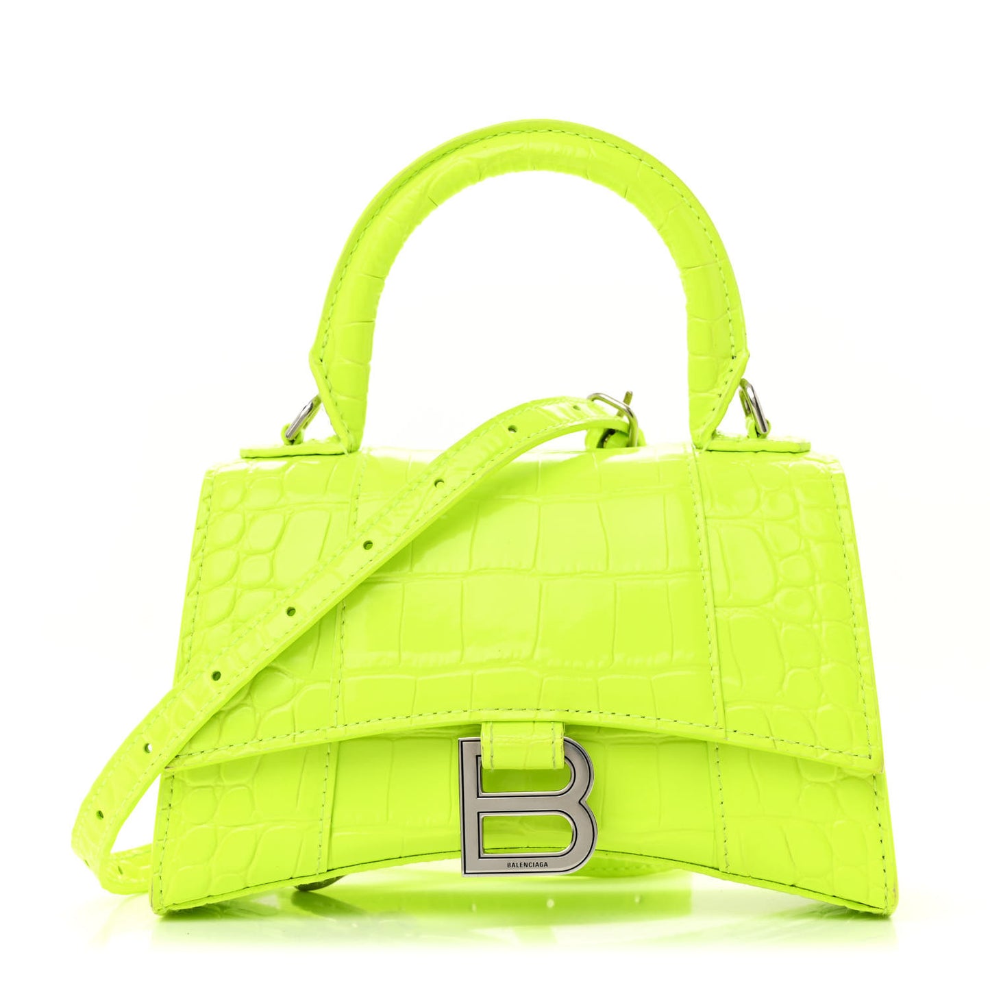 Shiny Calfskin Crocodile Embossed Hourglass Top Handle Bag XS Fluo Yellow
