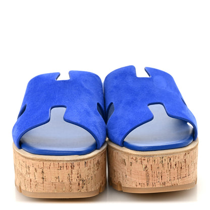 Hermes Suede Goatskin Cork Eze 30 Sandals 39 Bleu Ocean 2 of 9