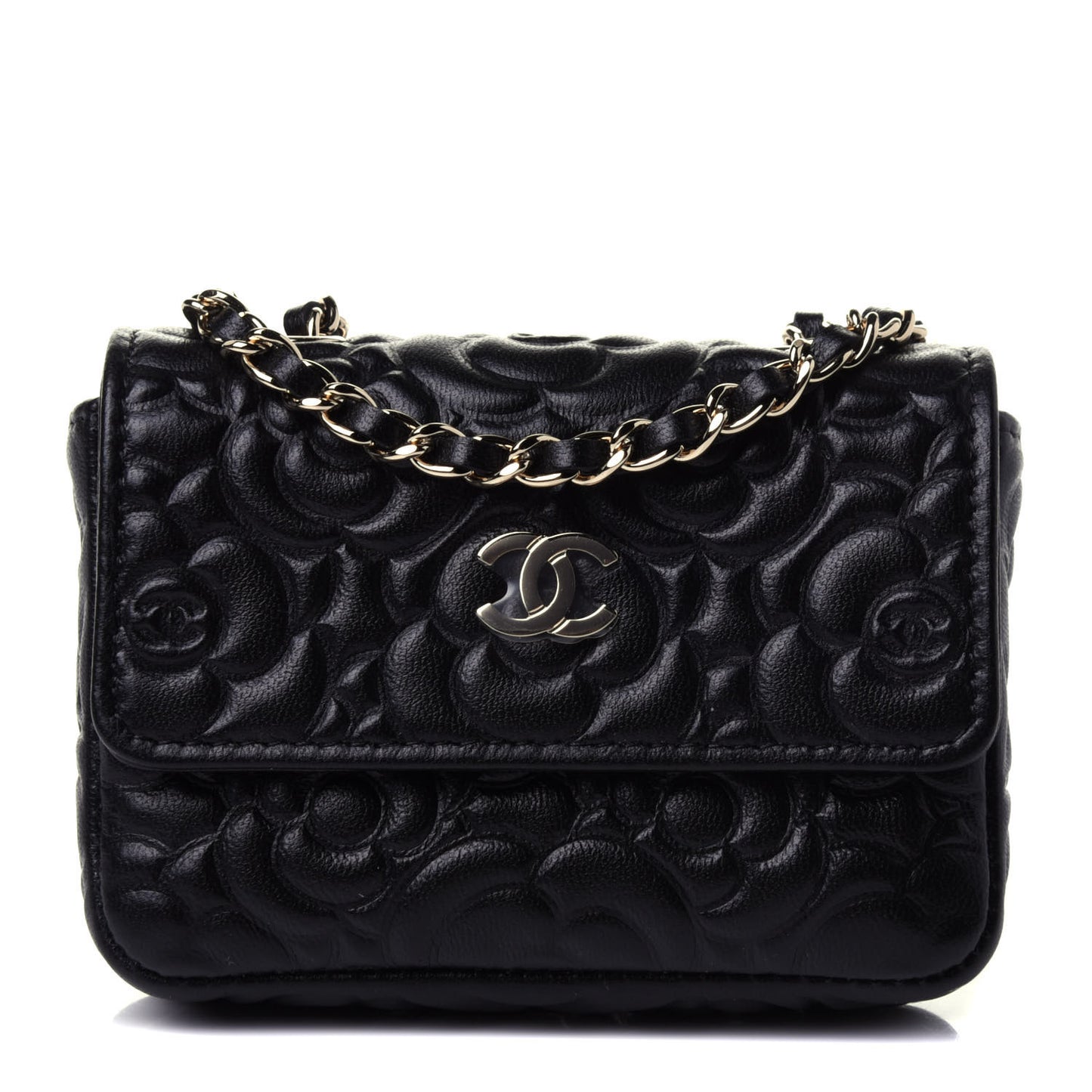 Lambskin Camellia Embossed Chain Belt Bag Black