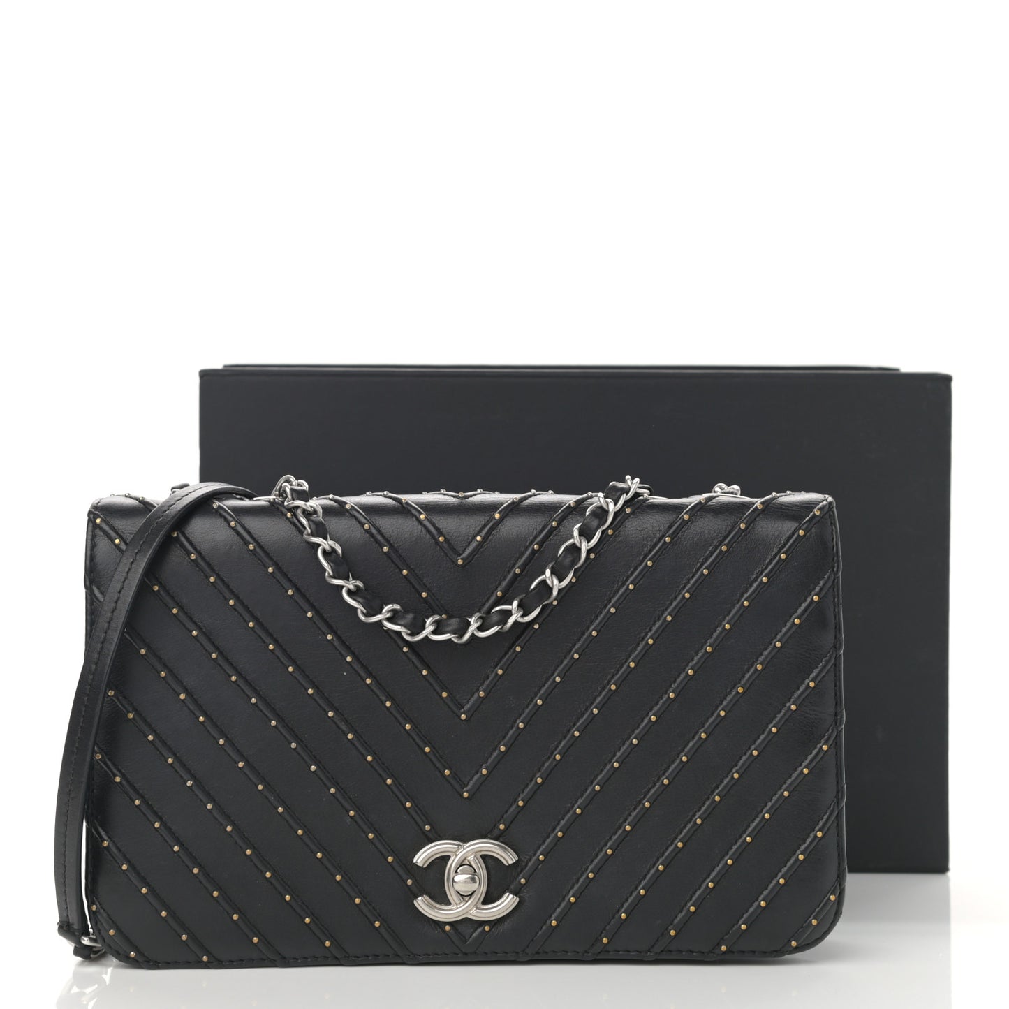 Calfskin Studded Chevron Quilted Flap Black