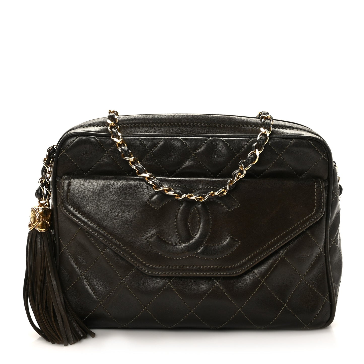 Lambskin Quilted Tassel Camera Case Brown