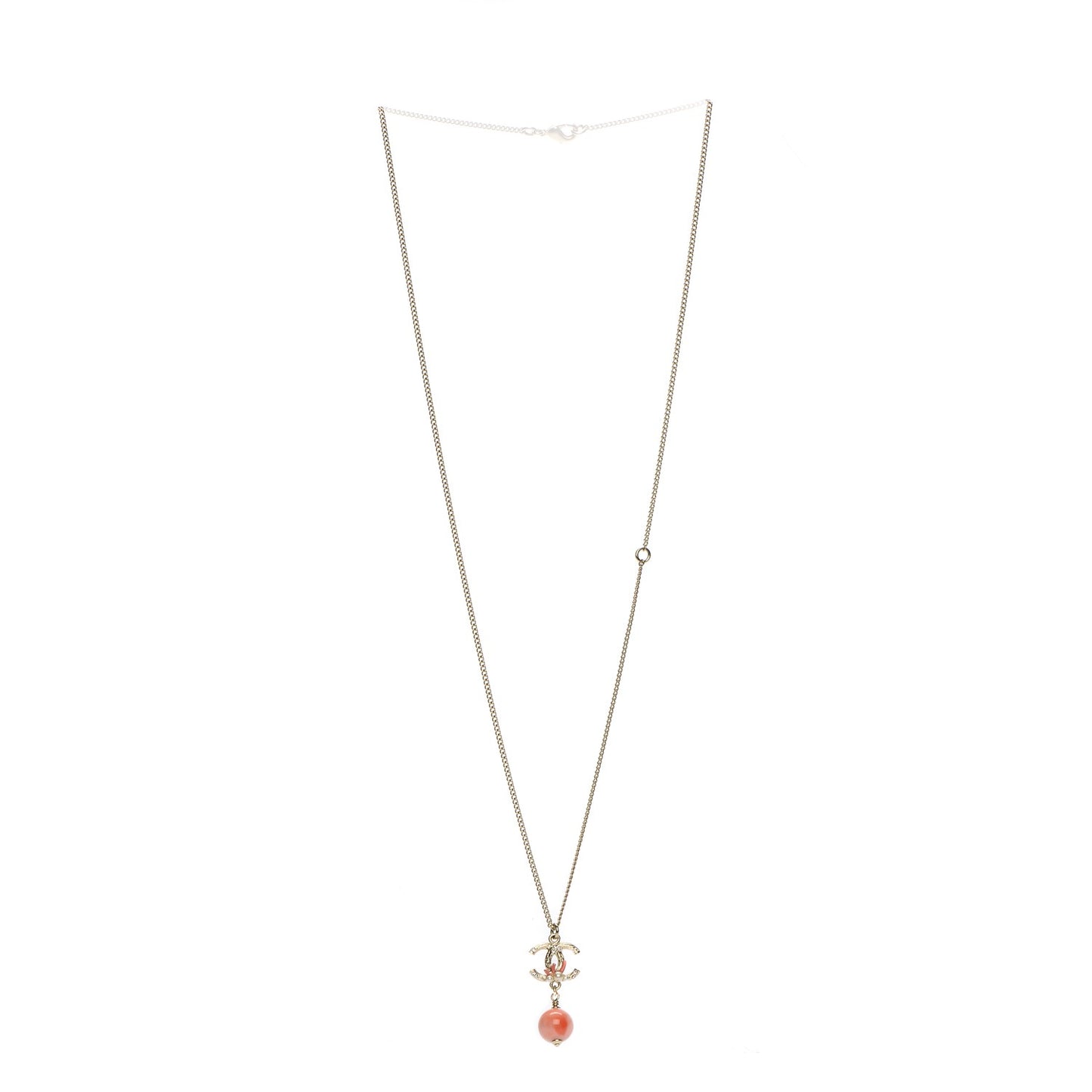 Coral Pearl Crystal CC Drop Necklace Gold