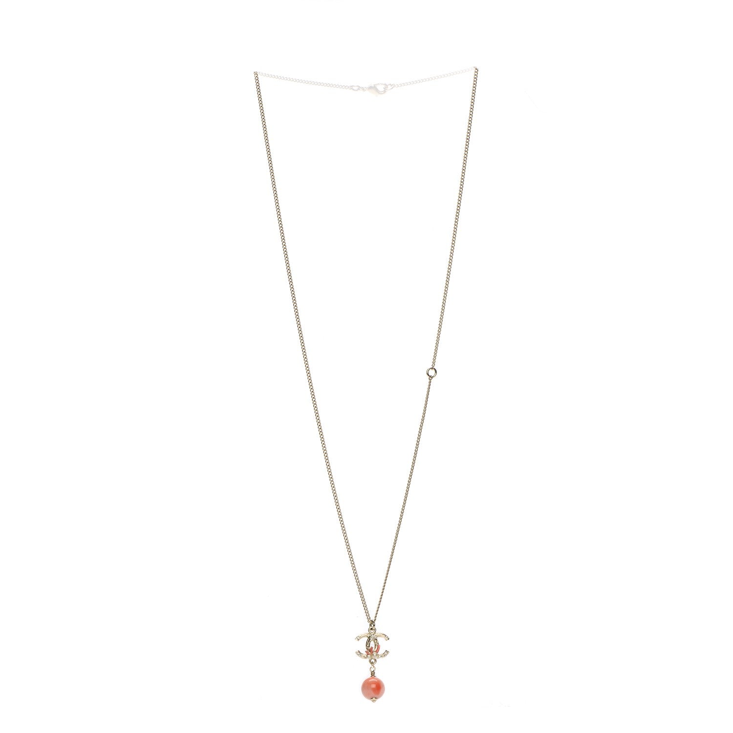 Chanel Coral Pearl Crystal CC Drop Necklace Gold 4 of 5