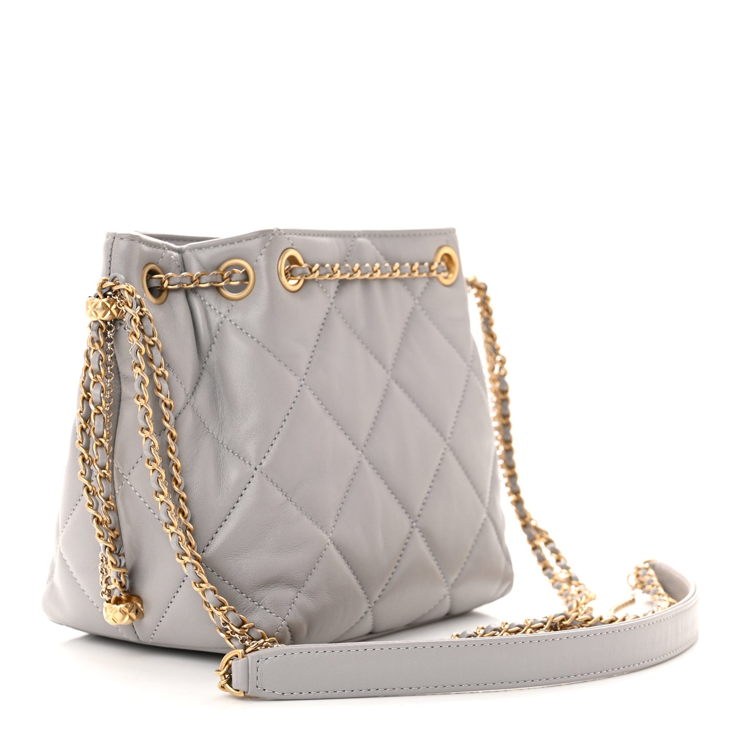 Lambskin Quilted Crush on Chains Drawstring Bucket Bag Hobo Grey